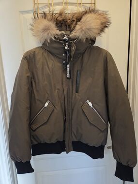 Mackage Men's Olive Green Puffer Jacket with Fur-Trim Hood